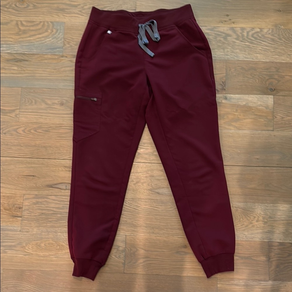 Figs Burgundy Jogger Pants with Gray Drawstring